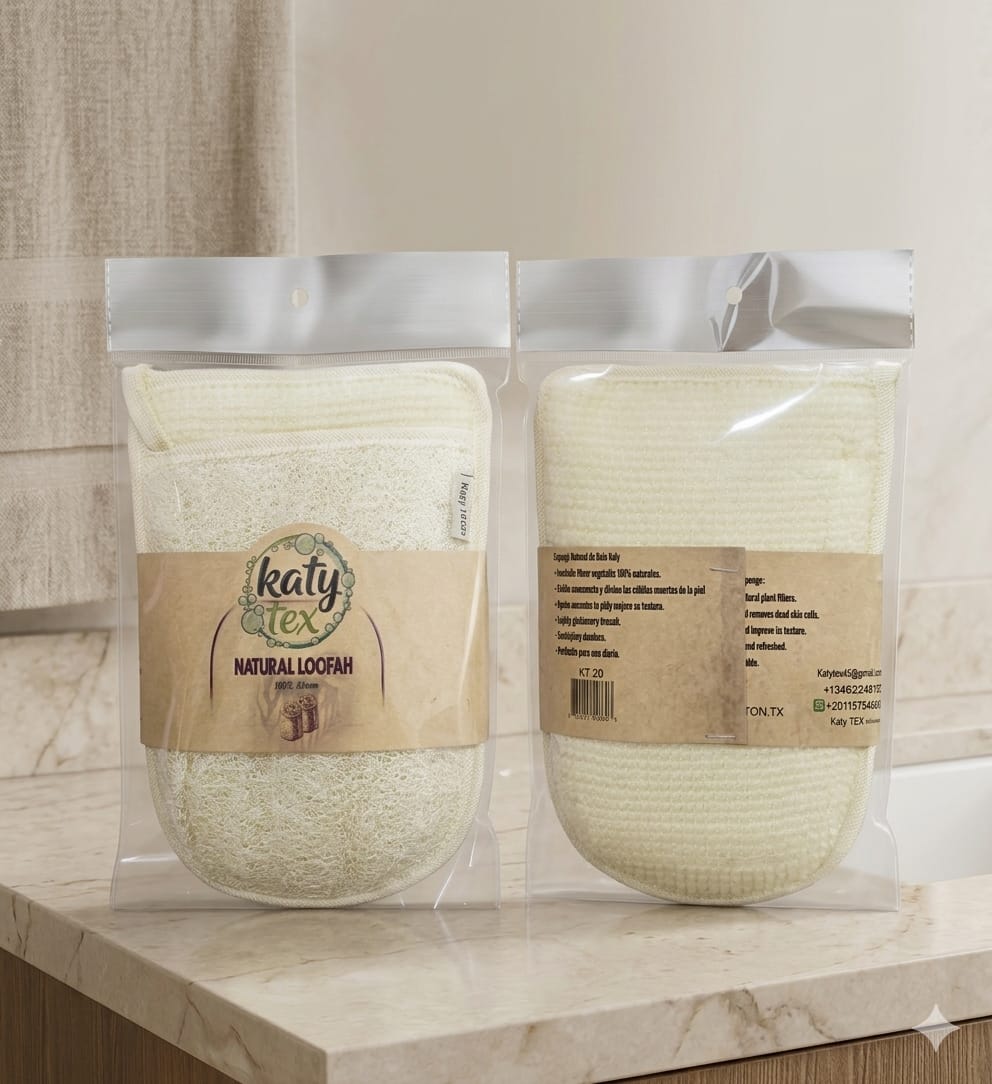 Glove Loofah packs on a bathroom counter