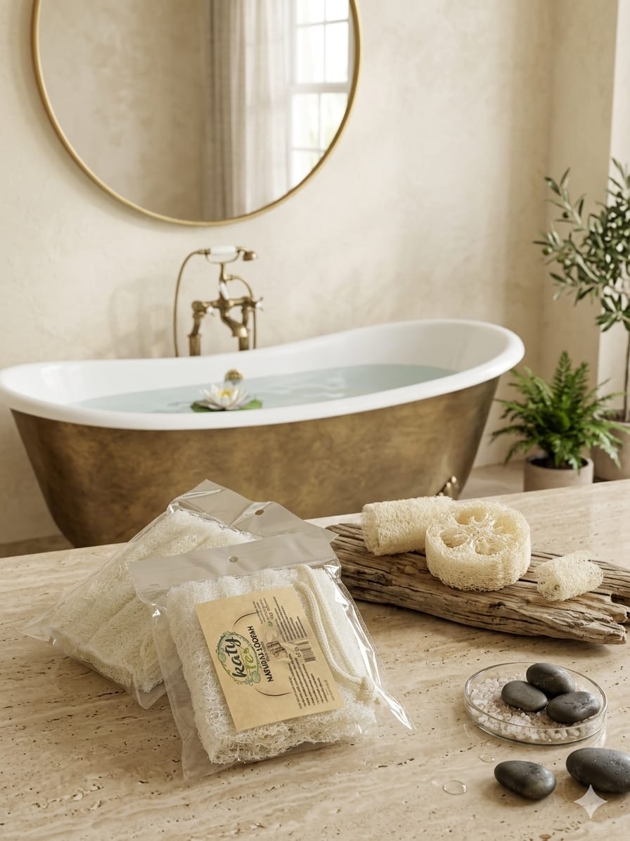 Natural Loofah Pad packs beside a bathtub
