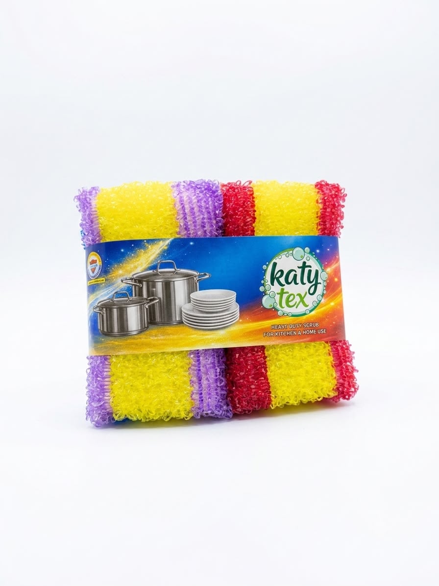 Heavy-Duty Kitchen Scrubber pack in yellow, purple, and red