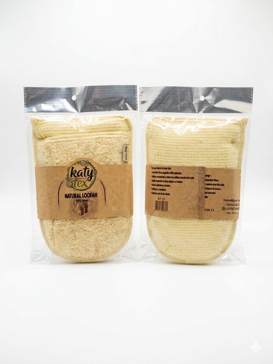 Glove Loofah in its pack, front and back