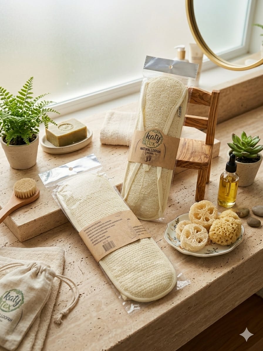 Long Loofah, front and back, on a bathroom counter