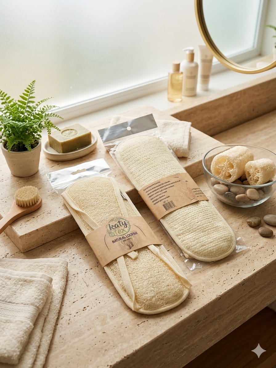 Long Loofah packs on a bathroom counter