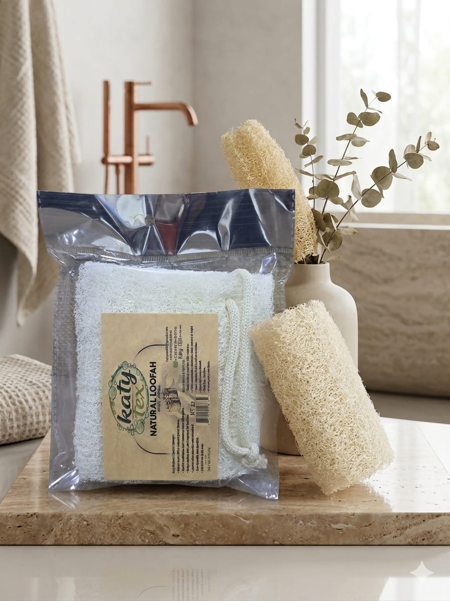 Natural Loofah Pad pack on a bathroom counter