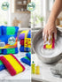 Heavy-Duty Kitchen Scrubber packs and a scrubber cleaning a pot