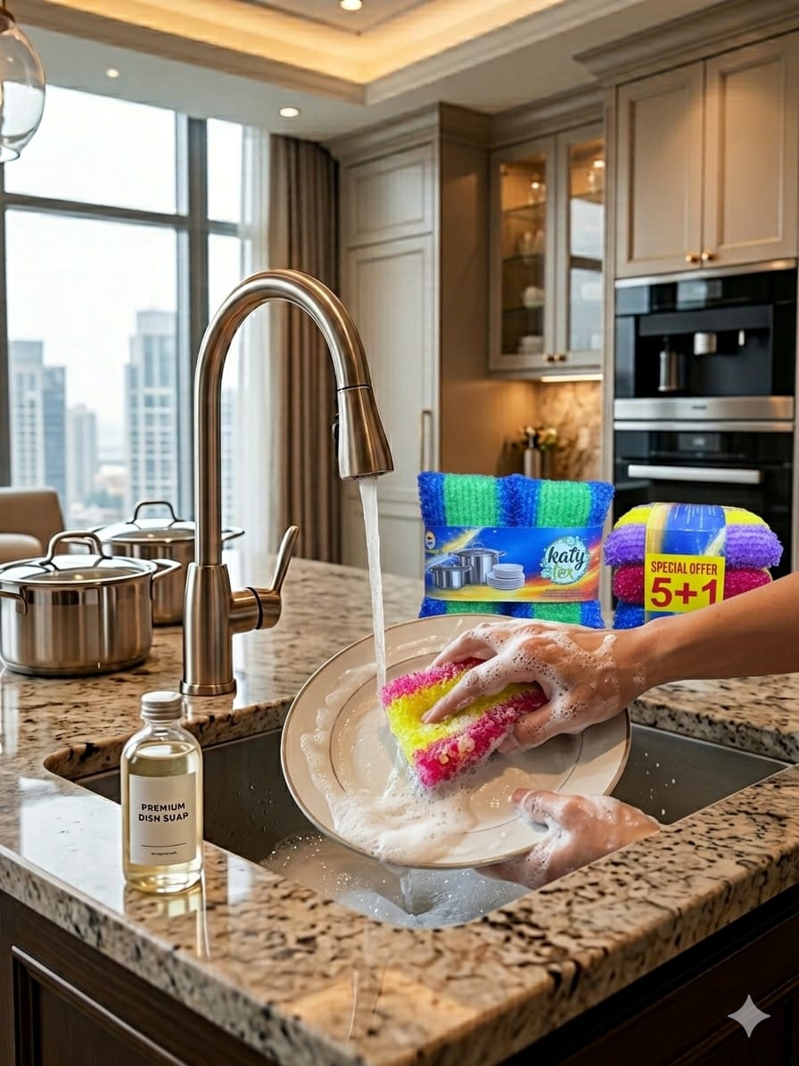 Washing a plate with the Heavy-Duty Kitchen Scrubber